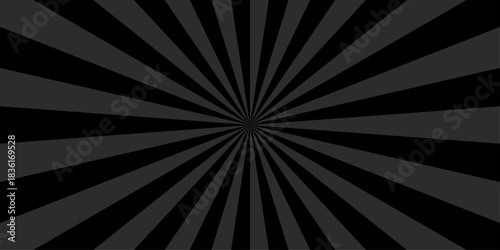 Sunburst beam light vintage shine and graphic summer explosion pattern. black and gray bright sunrise isolated glow striped texture background.	