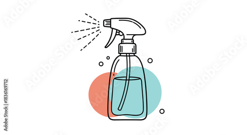 Line art depicting a trigger spray bottle with liquid inside, actively spraying, accented by abstract colored shapes and bubbles.