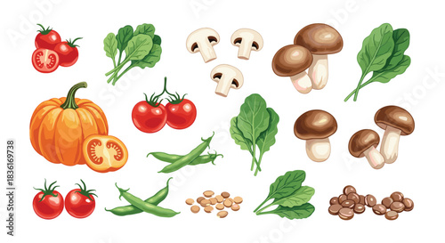 A vibrant collection of fresh and healthy vegetables including tomatoes, spinach, pumpkin, mushrooms, green beans, and lentils, perfect for nutritious cooking.