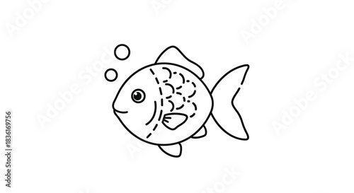 A simple black and white outline drawing of a friendly cartoon fish with bubbles, perfect for children's designs and educational materials.