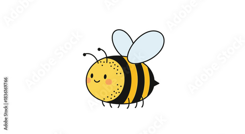 A cute, hand-drawn cartoon bumblebee with black and yellow stripes, tiny wings, and a happy smile on a white background.