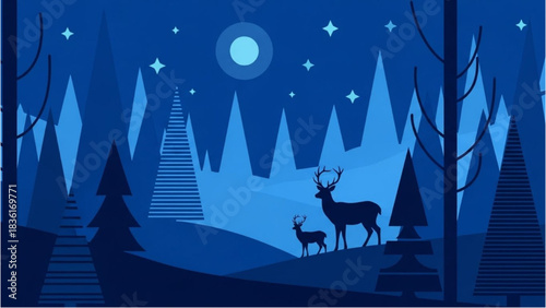 Serene winter night landscape with deer in a blue forest under a bright moon and twinkling stars