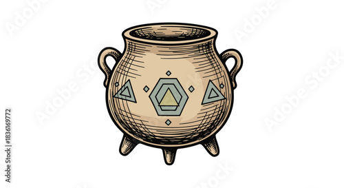 Hand-drawn vintage style cauldron with geometric patterns, two handles, and three legs, evoking ancient magic and ritual aesthetics.