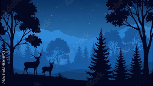 Deer Silhouettes in a Tranquil Forest at Night Under a Starry Sky