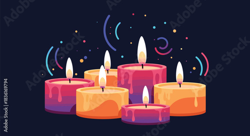 Festive illustration of colorful lit candles glowing warmly amidst decorative dots and abstract lines on a dark background.