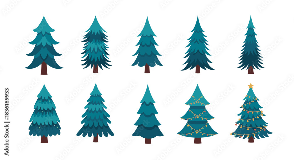 Obraz premium A collection of diverse stylized teal Christmas trees, some decorated with lights and garlands, perfect for holiday season designs and illustrations.