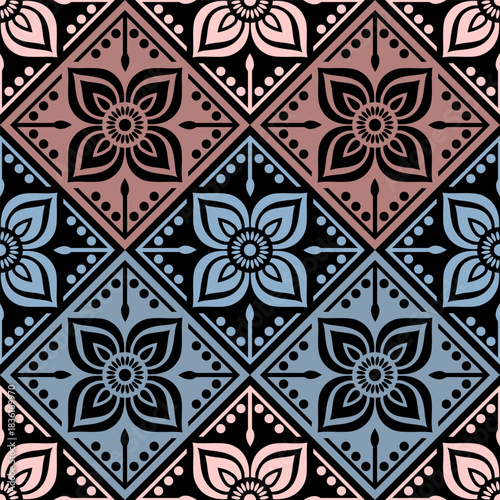 Abstract floral pattern, regular geometric order, seamless vector, muted  brown, blue and blush pink colors, black graphic flowers