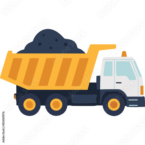 Orange Yellow Dump Truck With Full Black Coal Load Driving On Dark Blue Wheels Under Light Blue Sky