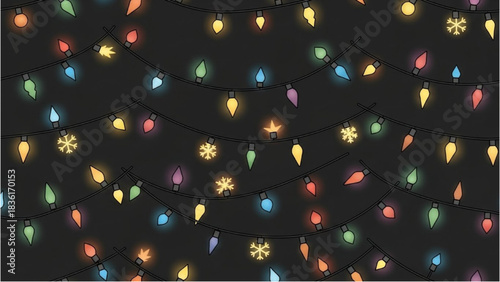 Festive string lights illuminate a dark background with various colorful shapes and snowflake designs