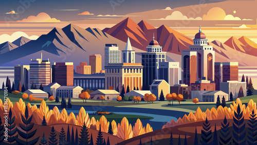 Very beautiful panoramic view of Salt Lake City with modern skyline, distant mountains, and clear western light, capturing a peaceful urban landscape framed by natural scenery in soft atmospheric tone