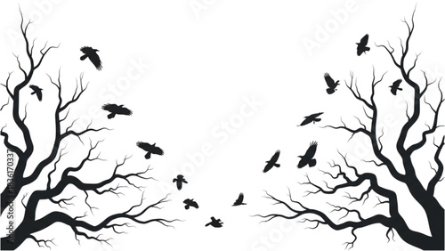 Mysterious bare tree silhouettes and a flock of flying birds against a stark white backdrop, evoking nature's eerie beauty