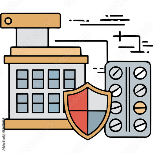 Pharmaceutical Factory Building Shielding Medicine Pills Blister Pack Protection Safety Security Healthcare Industry Concept Flat Design Illustration