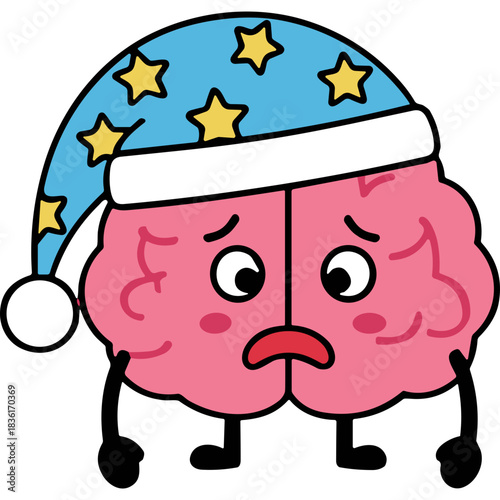 Sad Pink Brain Wearing A Blue Starry Nightcap Expressing Exhaustion And Need For Sleep On A Black Background