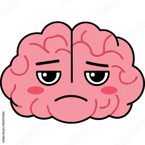 Sad Pink Cartoon Brain Character with Blush Cheeks and Droopy Eyes Isolated on Black Background Simple Flat Illustration
