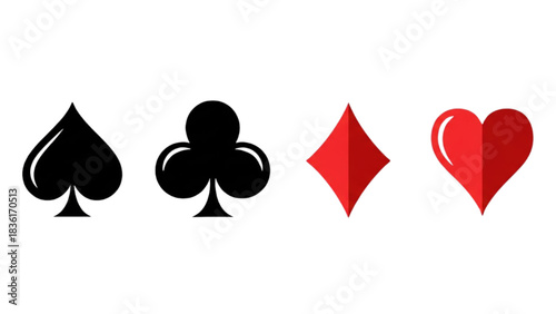 Playing Card Suit Icons Spades, Clubs, Diamonds, and Hearts in Black and Red