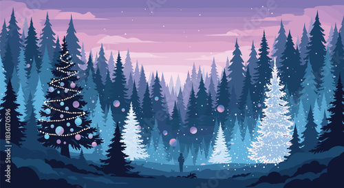 A magical winter forest scene at dusk with a vibrant purple and pink sky, featuring a decorated Christmas tree, glowing trees, falling snow, and a lone person.