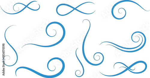 Hand drawn blue swirls and infinity symbols on white background