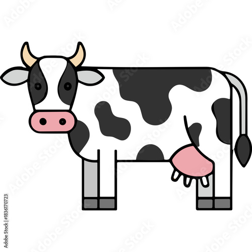 Simple Flat Design Holstein Cow Illustration with Black and White Spots and Pink Udder Isolated on Black Background