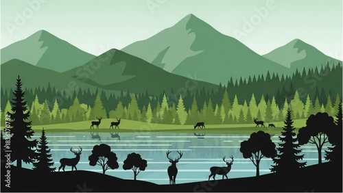 Serene Deer Habitat Illustration with a Forest, Mountains, and a Reflecting Lake