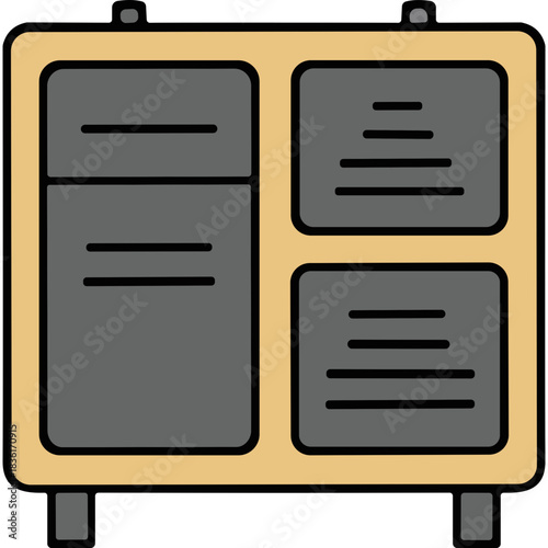 Simple Illustration Of A Wooden Cabinet With Gray Drawers And Shelves Featuring Horizontal Lines Representing Contents In A Minimalist Style Against A White Background