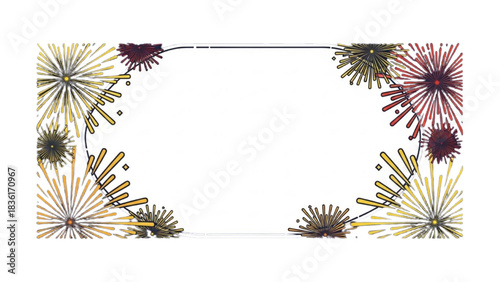Vibrant celebratory fireworks bursts forming a festive decorative frame illustration on a white background, perfect for announcements and invitations