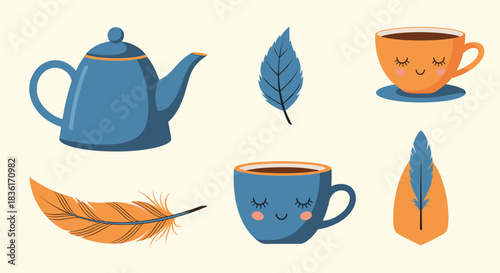 A charming collection of cozy autumn-themed illustrations featuring teaware, drinks, and natural elements like leaves and feathers.