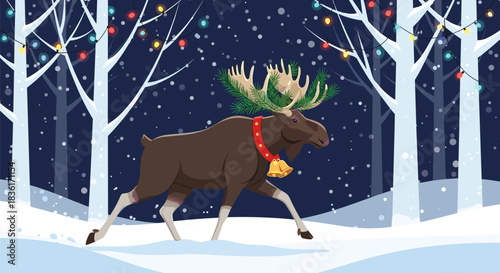 A majestic moose with festive antlers and a bell collar walks through a magical snowy forest illuminated by colorful Christmas lights at night.