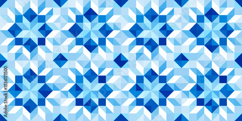 Festive winter ornaments, snowflake seamless vector pattern with geometric star motifs in blue and white snow colors. Perfect for Christmas wrapping, cards, textiles, and seasonal design projects.