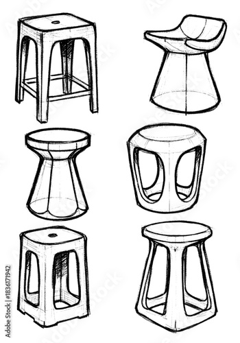 Rough black and white brush stroke sketches showing a collection of six different abstract modern seating stools and low chair furniture concepts