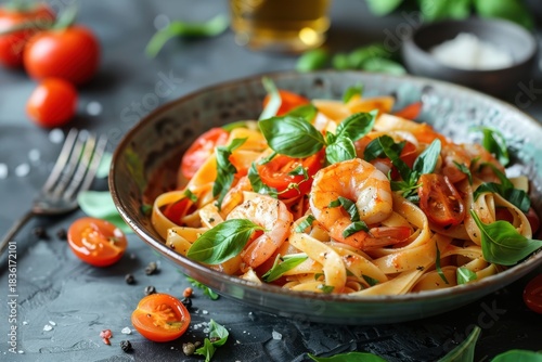 Tagliatelle Pasta with Shrimp Rocket Cherry Tomatoes Basil