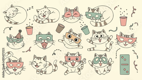 Set of cute hand drawn cartoon cats celebrating a party.