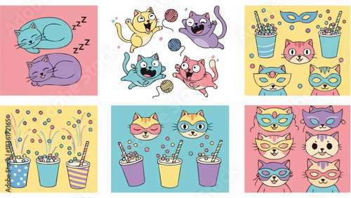 Cartoon Cats and Drinks - Playful Illustrations for Creative Projects.