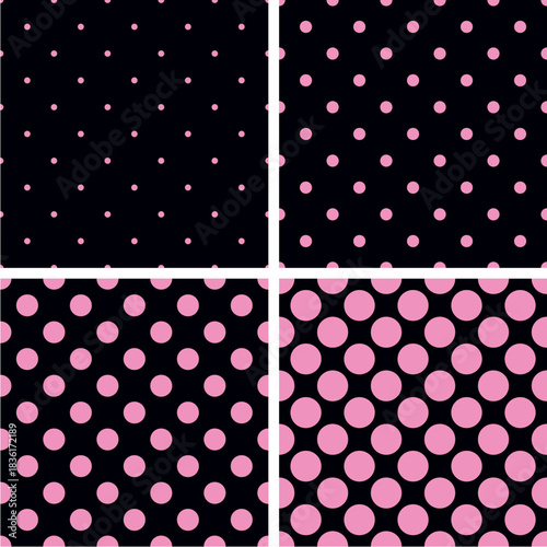 Seamless vector black and pink pattern or background set with big and small polka dots. For desktop wallpaper and website design.