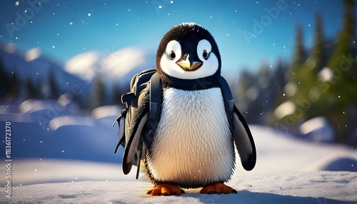 Cartoon Penguin Hiker in Winter Landscape