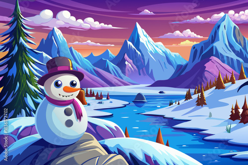 snowman overlooks snowy Norwegian fjords with steep cliffs, icy waters, and winter forests, forming a peaceful Christmas landscape with Nordic seasonal magic