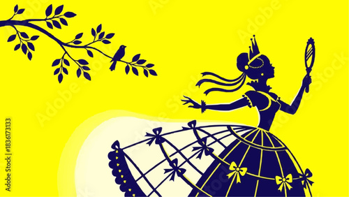 Elegant silhouette of a woman in a majestic gown gazing at her reflection in a hand mirror, with a delicate bird observing from a graceful tree branch in a vibrant, artistic illustration