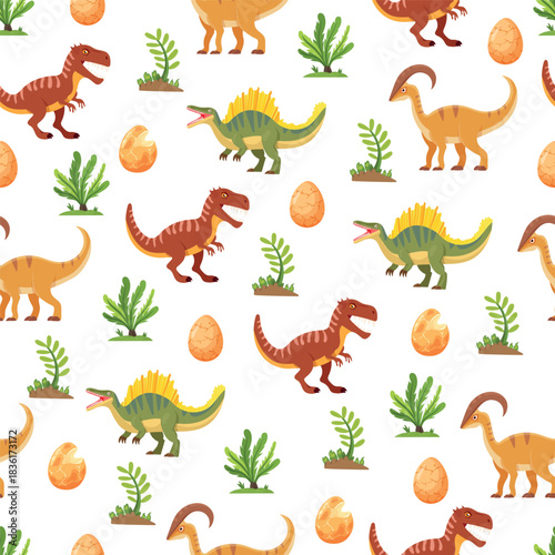 Dinosaurs seamless pattern. Flat vector clipart, illustration with isolated background.