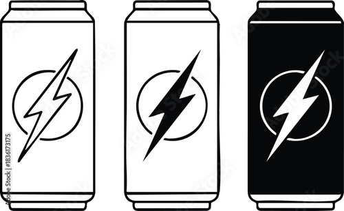 Set of Energy Drink Can Icons with Lightning Bolt, Black and White Energy Drink Can Graphics, Three Variations of Power Drink Can Icon, Beverage Can with Stylized Bolt Symbol, silhouette, vector.