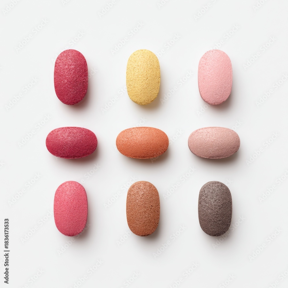 Fototapeta premium Colorful Variety of Rounded Beauty Sponges Arranged in a Grid Pattern for Makeup Application and Cosmetic Use