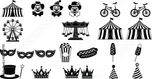 Large black and white carnival and circus icon collection featuring big top tents, funny clowns, Ferris wheel, crowns, bicycles, popcorn, masks, and various party celebration elements.