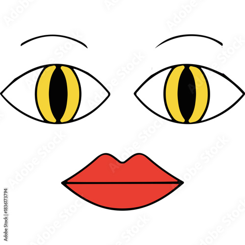 Stylized Black Face with Wide Yellow Eyes and Red Lips Against a Black Background Minimalist Design