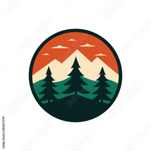 Circular emblem featuring a mountain range with pine trees in the foreground, set against a sky with clouds and orange hues, evoking a sense of adventure and nature exploration