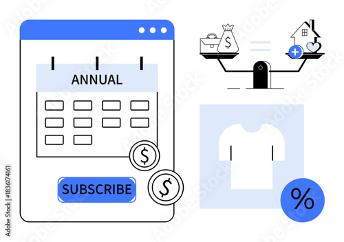 Subscription management. Annual subscriptions, balancing finances, and thoughtful cost management. Subscription services for digital platforms, e-commerce, budgeting, and financial planning