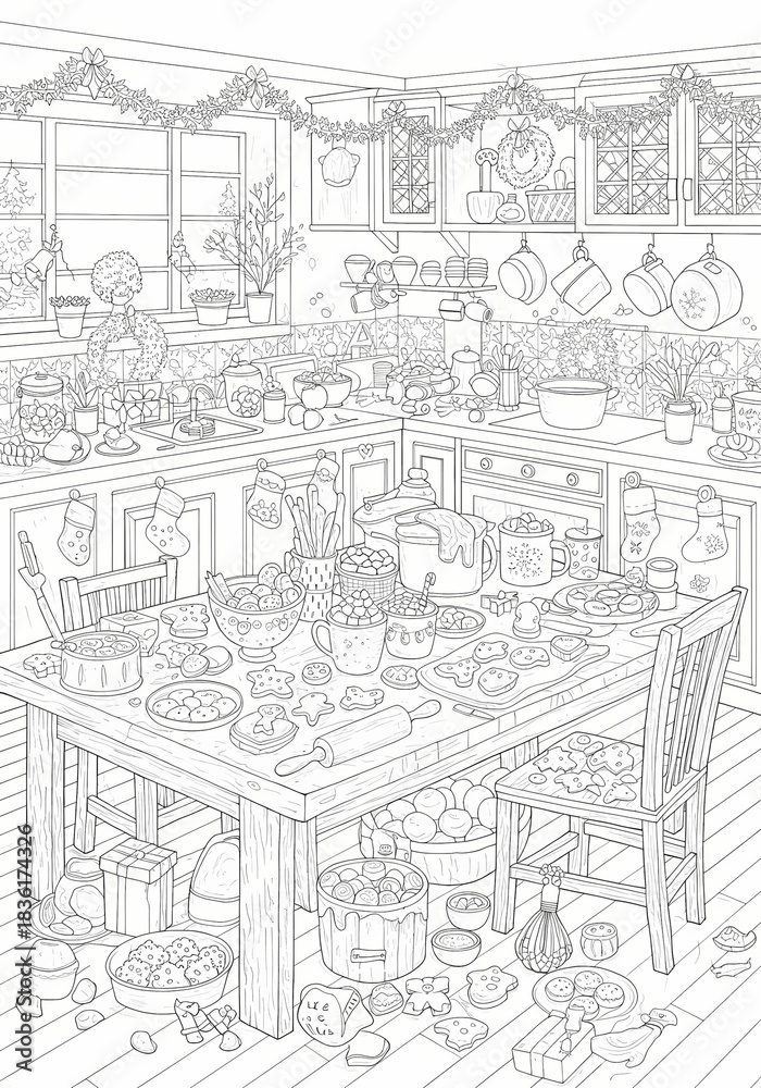 Fototapeta premium Kitchen filled with holiday decorations and clutter in black and white 