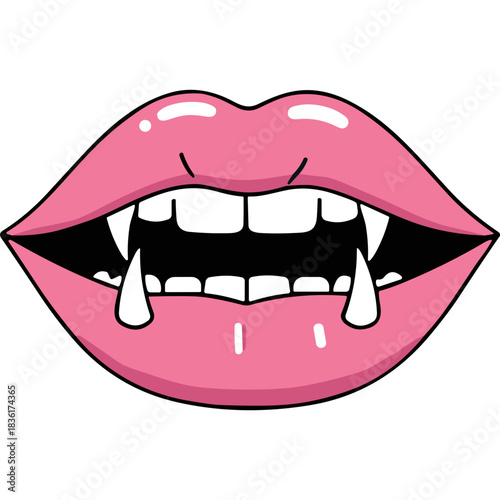 Pixel Art Pink Lips with Vampire Fangs and Dripping Fangs on Black Background Halloween Theme
