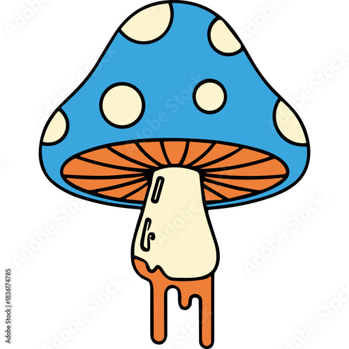 Psychedelic Blue Mushroom With White Polka Dots And Orange Drips Dripping From Its Stem Against A Black Background Vibrant Retro Psychedelic Art Style
