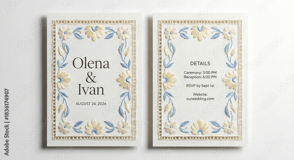 Fototapeta premium Elegant wedding invitation card featuring a beautiful, soft embroidered border of blue and pale yellow floral and leaf motifs. Charming, handmade-style design for rustic, garden, or folk events.
