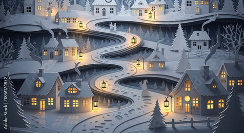 Papercut Winter Village: Couple Walking Down Snowy Road Amidst Charming Houses, Evoking Cozy Holiday Spirit