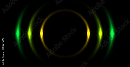 Black background with a concentric green yellow pattern and copy space, symmetrical background with neon circles.