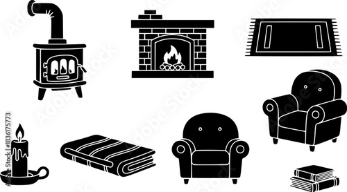 Cozy Winter Cabin Icons. Solid style icons of Winter Cabin: Wood Stove, Fireplace, Rug, Chair, Blanket, Candle, Stack of Books,
